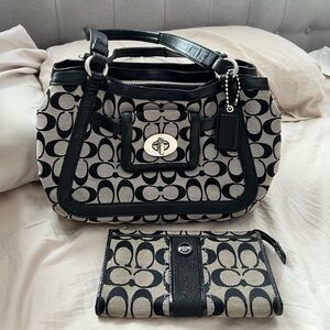 Vintage Coach Black and Cream Signature Tote Bag and wallet